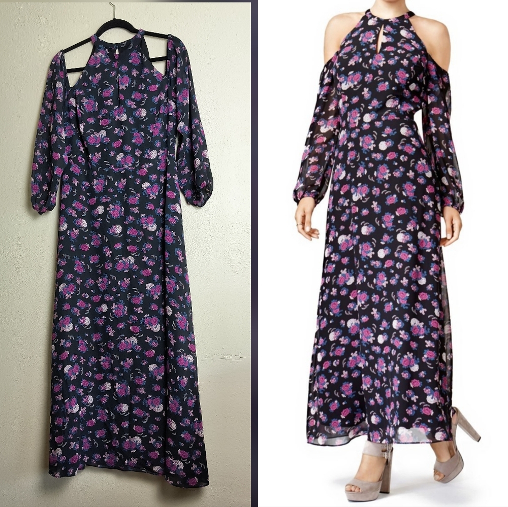 Bar III L Purple Pink Flower Cold Shoulder Sundresses Cold Shoulder Long Sleeve